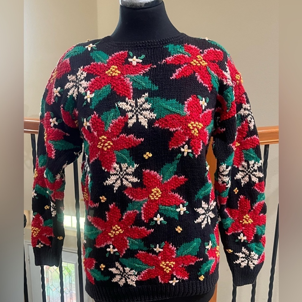 SIGNATURE BY NORTHERN ISLES VINTAGE Poinsettia Holiday HAND KNIT Sweater SIZE L